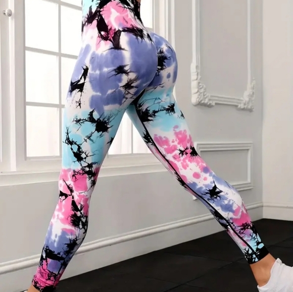 Tie Dye High Waist Yoga Leggings, High Stretch Fashion Sports Pants - Picture 2 of 4